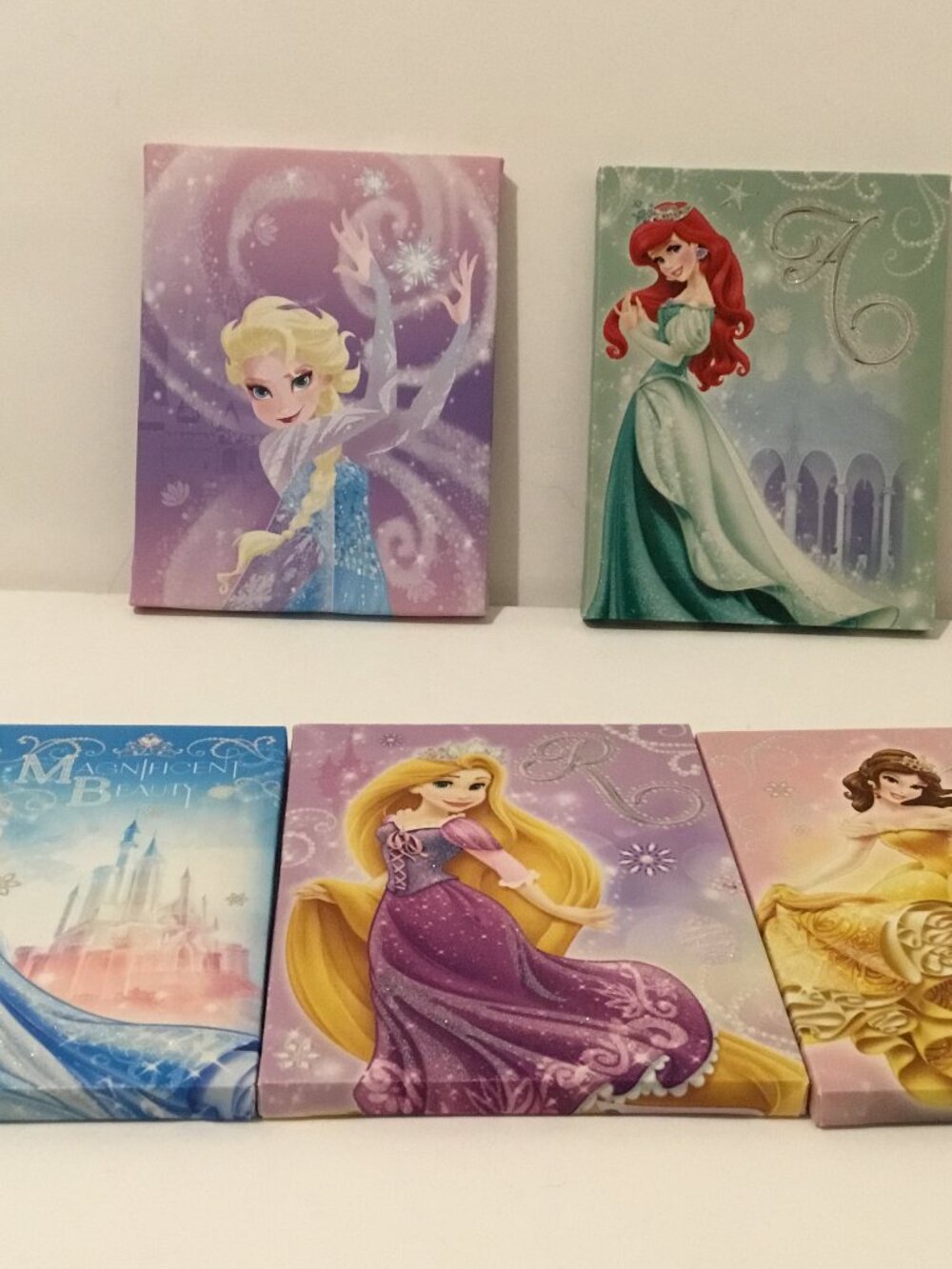 Disney 5 Princess canvas wall art  : Rapunzel, Elsa, Cinderella, Belle & Ariel